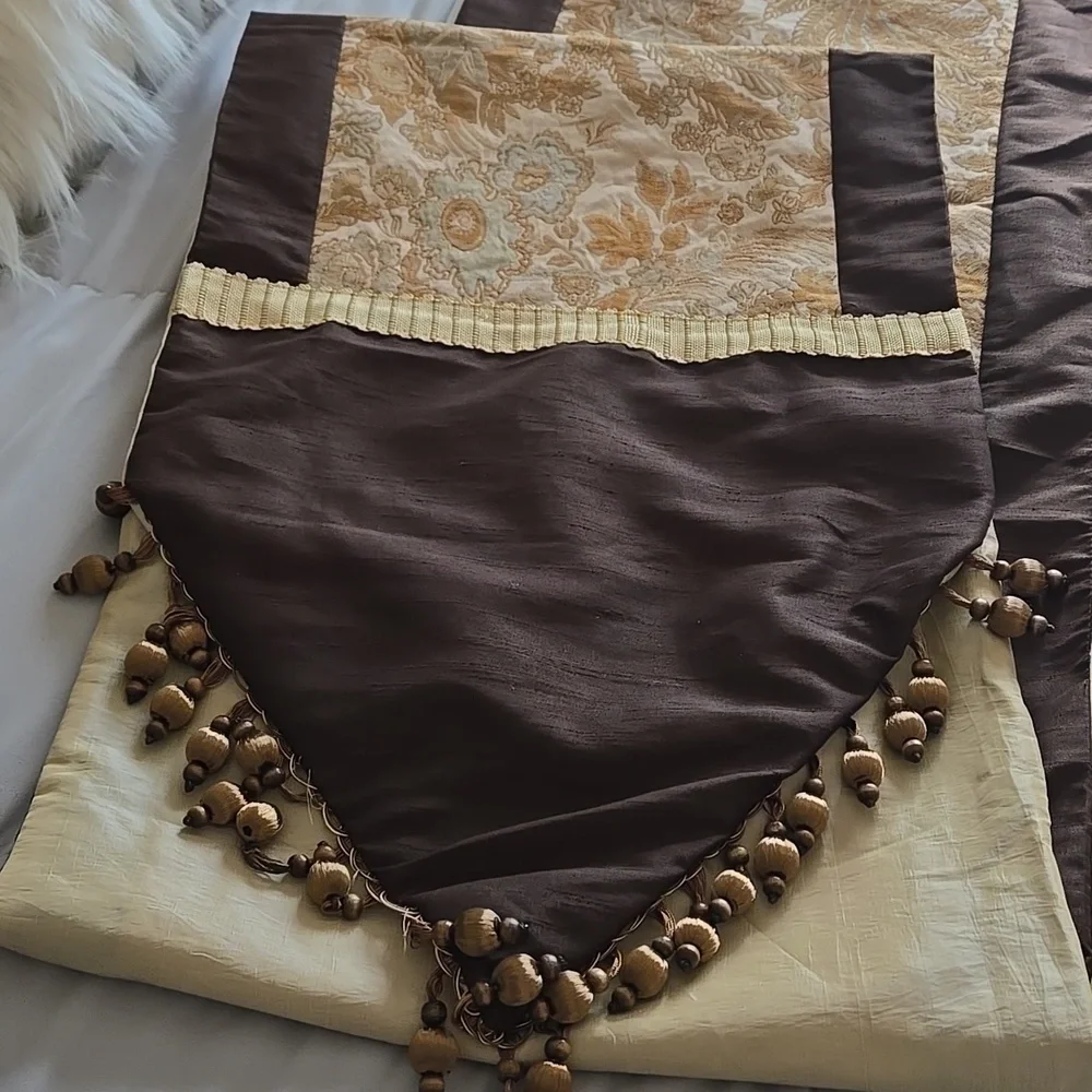 Elegant Gold Brown and Cream Long Embroidered Table Runner